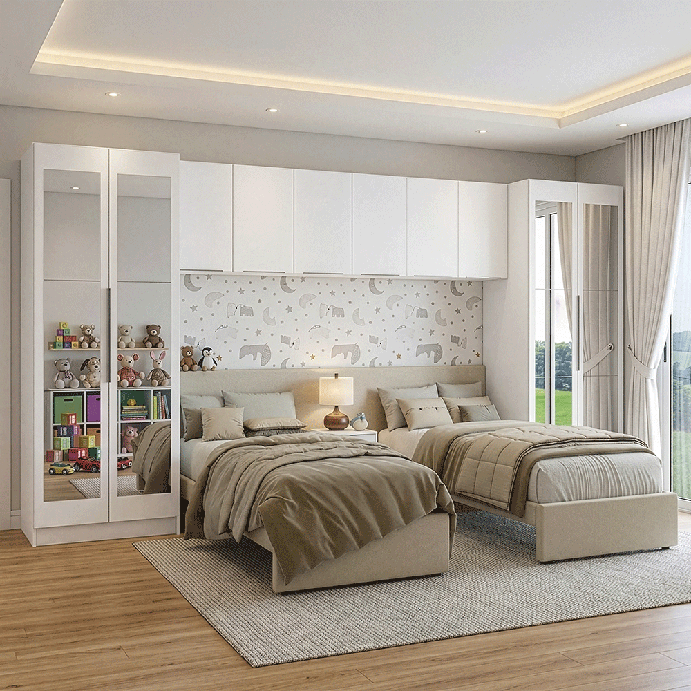 Quarto Infantil com 2 Guarda-Roupas com Espelhos Neo 3 Aéreos 1 Mesa de Cabeceira Branco Madesa