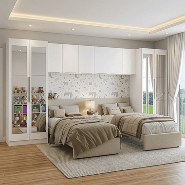 Quarto Infantil com 2 Guarda-Roupas com Espelhos Neo 3 Aéreos 1 Mesa de Cabeceira Branco Madesa