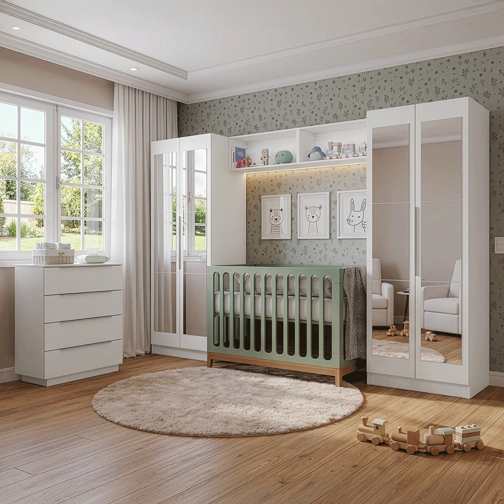 Quarto Infantil com 2 Guarda-Roupas Neo com Espelhos 2 Aéreos 1 Cômoda Branco Madesa 04