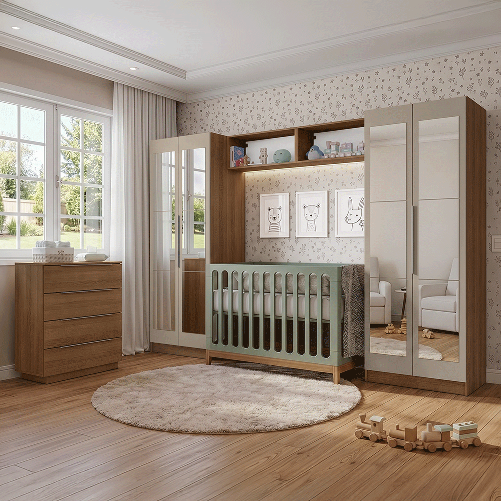 Quarto Infantil com 2 Guarda-Roupas Neo com Espelhos 2 Aéreos 1 Cômoda Rustic/Crema Madesa 04