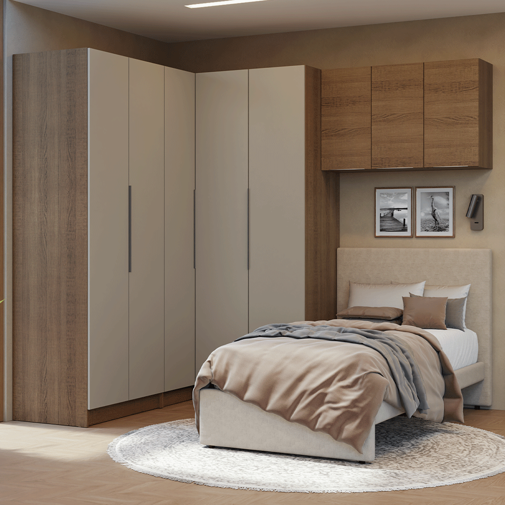 Quarto Completo Solteiro De Canto 415 cm Rustic/Crema Neo Madesa