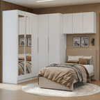 Quarto Completo de Canto Solteiro 415 cm Guarda-Roupa com Espelhos Branco Neo Madesa 02
