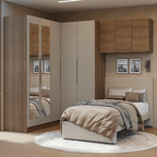 Quarto Completo de Canto Solteiro 415 cm Guarda-Roupa com Espelhos Rustic/Crema Neo Madesa 02
