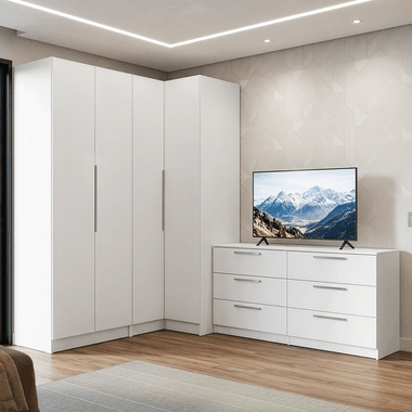 Conjunto Quarto com 2 Guarda-Roupas Neo 1 Cômoda/Móvel para TV Branco Madesa