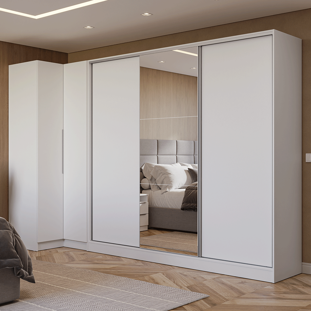 Guarda-Roupa Modulado Neo + Guarda-Roupa Royale 3 Portas de Correr com Espelho Branco Madesa