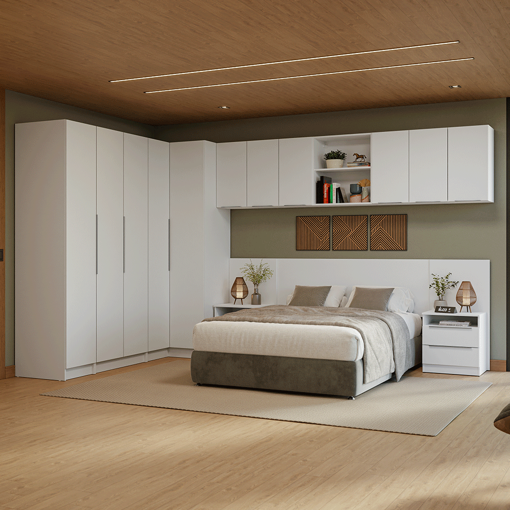 Quarto Completo Casal de Canto 580 cm com Mesa de Cabeceira Branco Neo Madesa
