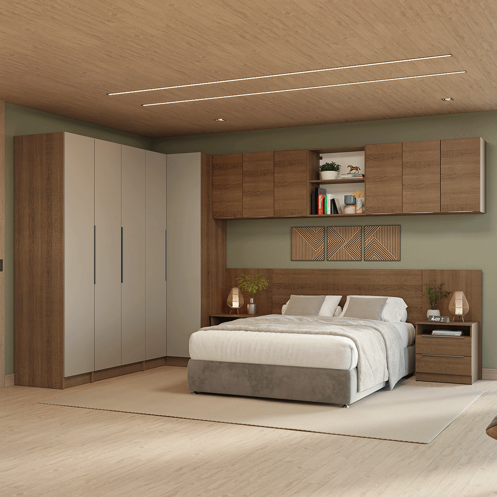 Quarto Completo Casal de Canto 580 cm com Mesa de Cabeceira Rustic/Crema Neo Madesa
