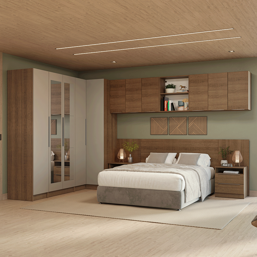Quarto Completo Casal 580 cm Guarda-Roupa de Canto com Espelhos Rustic/Crema Neo Madesa 02