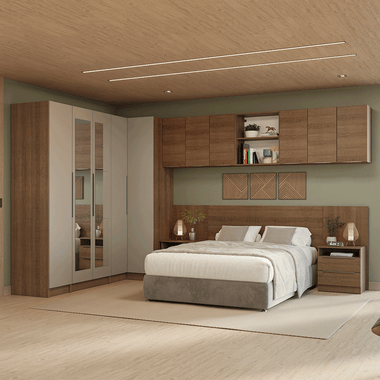 Quarto Completo Casal 580 cm Guarda-Roupa de Canto com Espelhos Rustic/Crema Neo Madesa 02