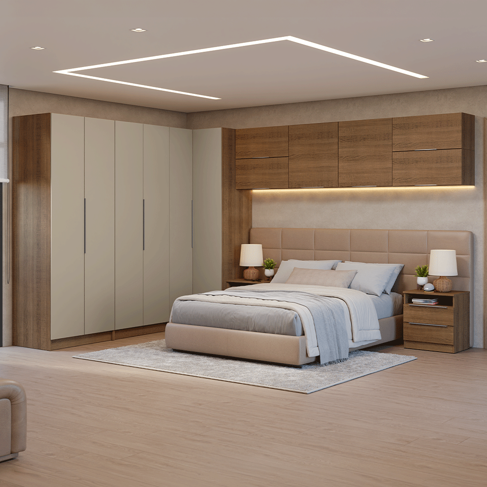 Quarto Completo Casal de Canto 610 cm com Mesa de Cabeceira Rustic/Crema Neo Madesa