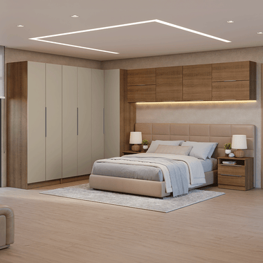 Quarto Completo Casal de Canto 610 cm com Mesa de Cabeceira Rustic/Crema Neo Madesa