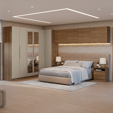 Quarto Completo de Canto Casal 610 cm com Mesa de Cabeceira Rustic/Crema Neo Madesa