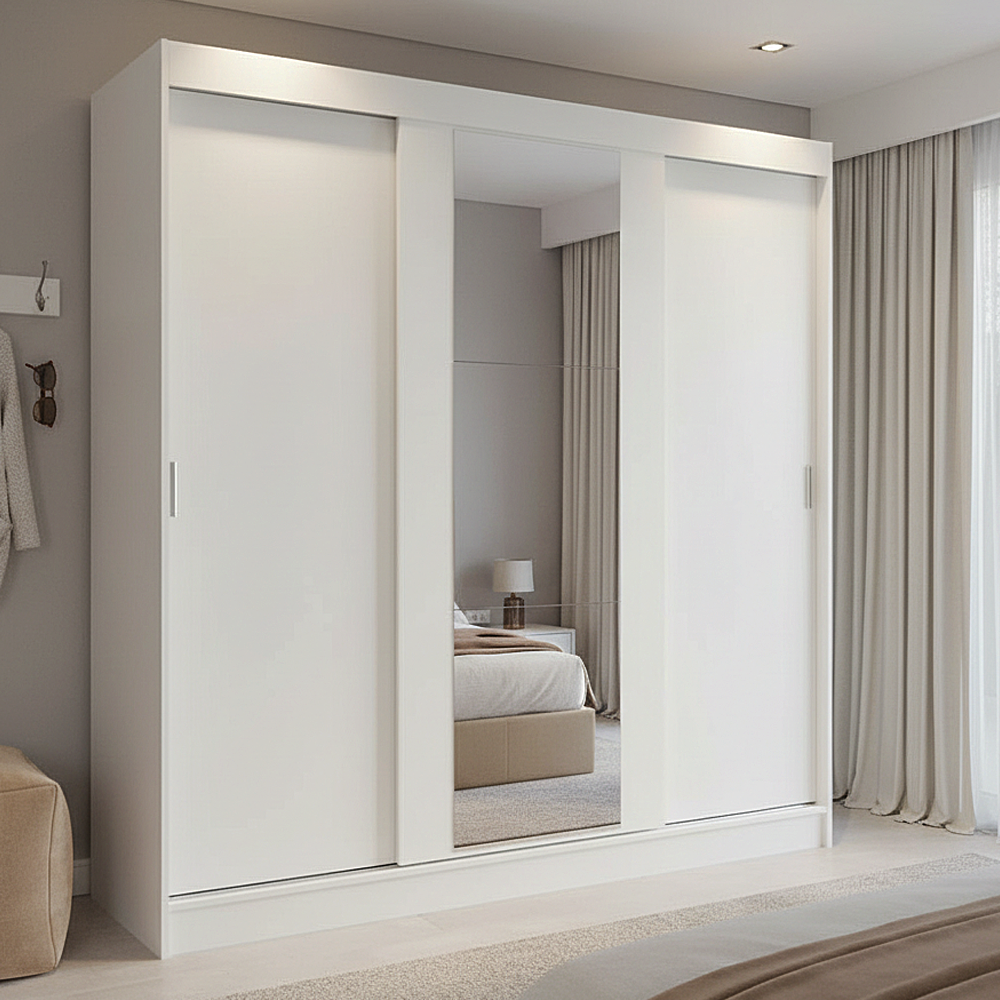 Guarda-Roupa Casal 3 Portas de Correr com Espelho Branco Orion Madesa