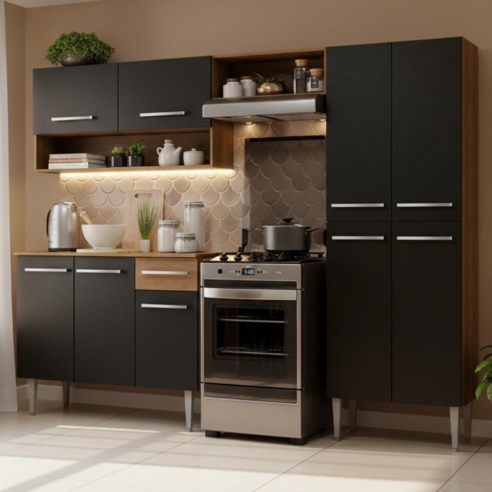 Armário de Cozinha Completa 229cm Rustic/Preto Emilly Madesa 02 XT