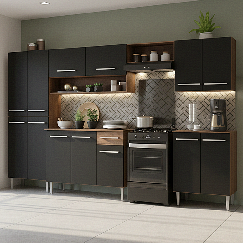 Armário de Cozinha Completa 293cm Rustic/Preto Emilly Madesa 01 XT