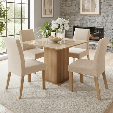 Conjunto Sala de Jantar Tampo de Vidro 4 Cadeiras Rustic/Crema/Imperial Nevada Madesa