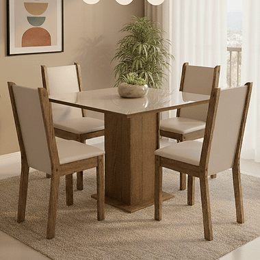 Conjunto Sala de Jantar Tampo de Vidro 4 Cadeiras Rustic/Crema/Bege Leme Madesa