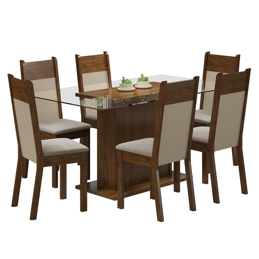 Conjunto Sala de Jantar Madesa Atlanta Mesa Tampo de Vidro com 6 Cadeiras Rustic/Crema/Sintético Bege