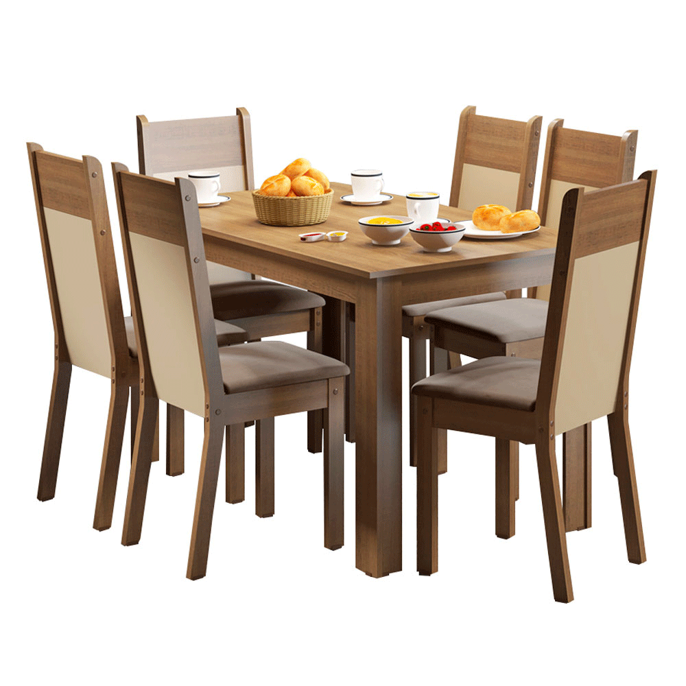 Conjunto Sala de Jantar Honduras Madesa Mesa Tampo de Madeira com 6 Cadeiras Rustic/Crema/Sintético Bege