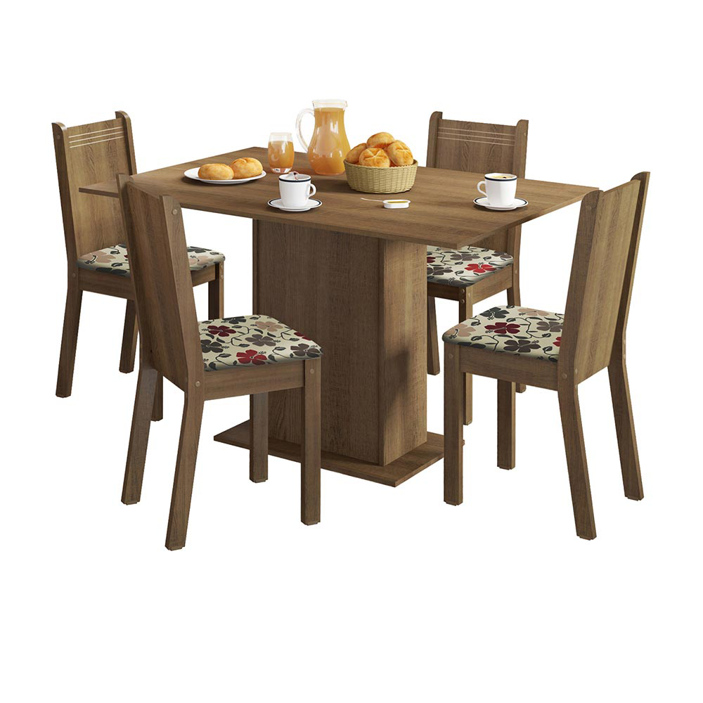 Conjunto Sala de Jantar Lexy Madesa Mesa Tampo de Madeira com 4 Cadeiras Rustic/Floral Hibiscos
