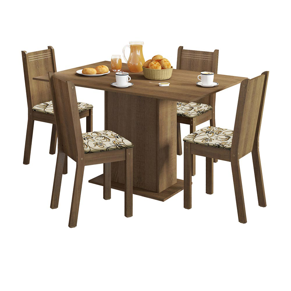 Conjunto Sala de Jantar Lexy Madesa Mesa Tampo de Madeira com 4 Cadeiras Rustic/Floral Lírio Bege