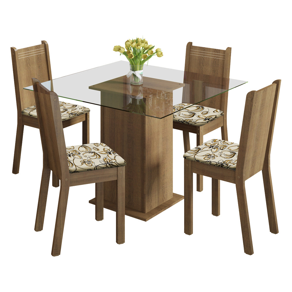 Conjunto Sala de Jantar Madesa Magda Mesa Tampo de Vidro com 4 Cadeiras Rustic/Lírio Bege