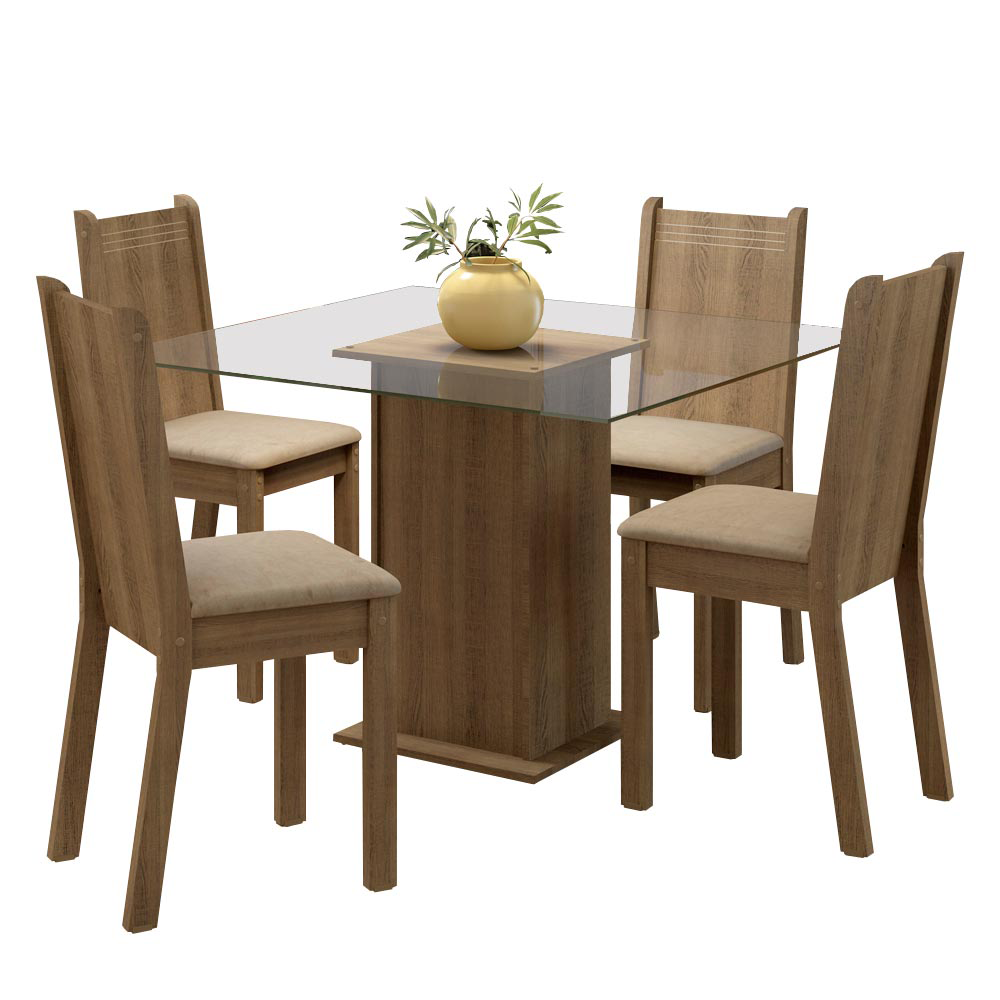 Conjunto Sala de Jantar Madesa Magda Mesa Tampo de Vidro com 4 Cadeiras Rustic/Sintético Bege