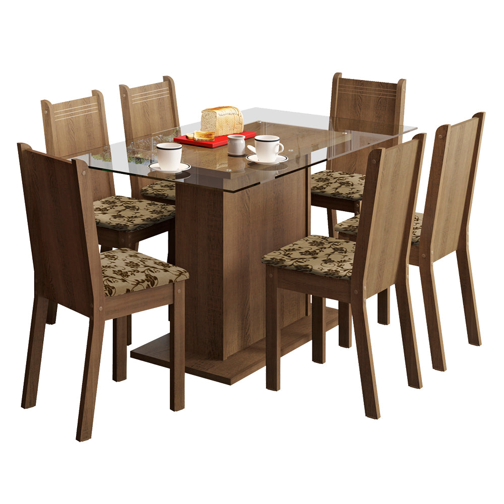 Conjunto Sala de Jantar Madesa Gales Mesa Tampo de Vidro com 6 Cadeiras Rustic/Bege Marrom