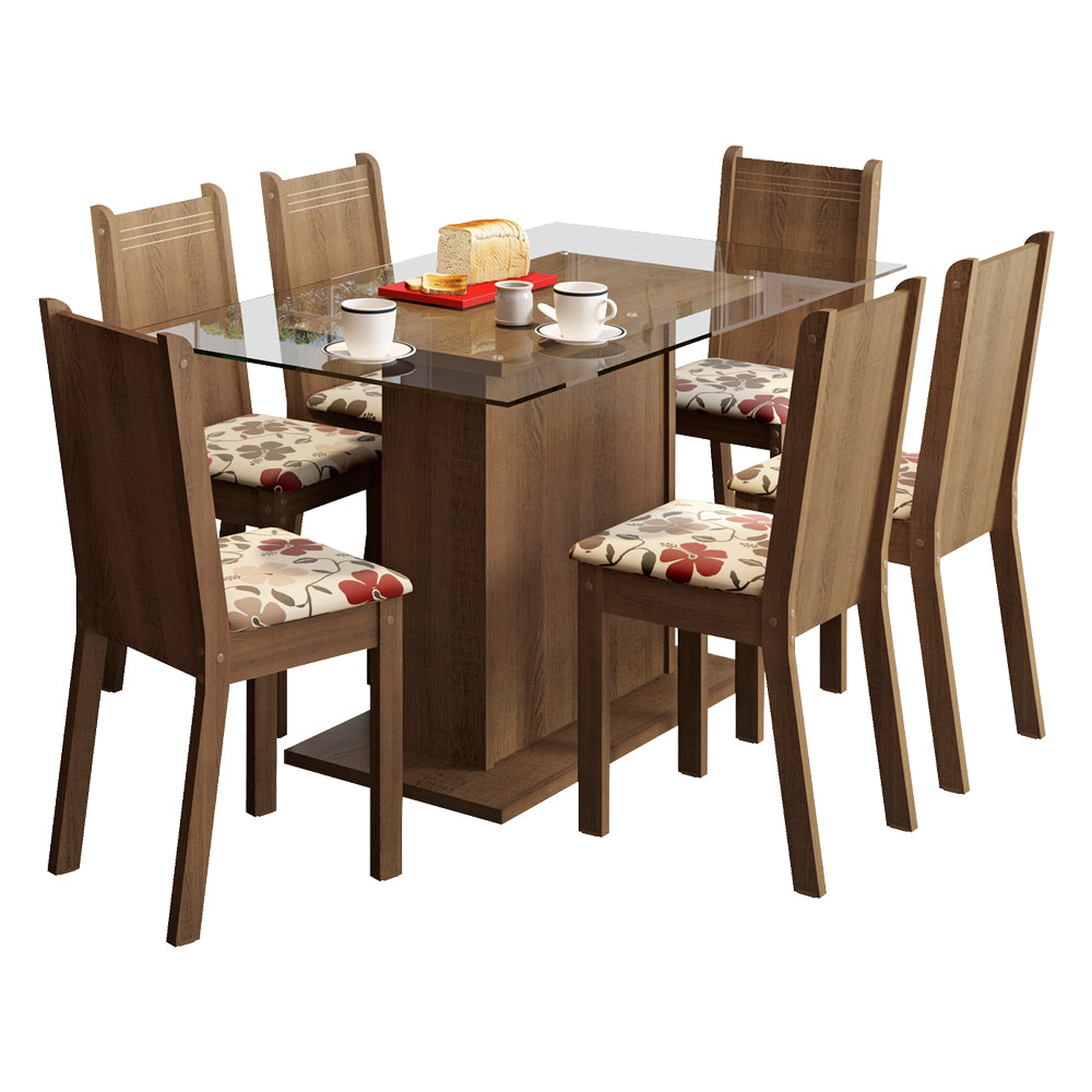 Conjunto Sala de Jantar Madesa Gales Mesa Tampo de Vidro com 6 Cadeiras Rustic/Floral Hibiscos