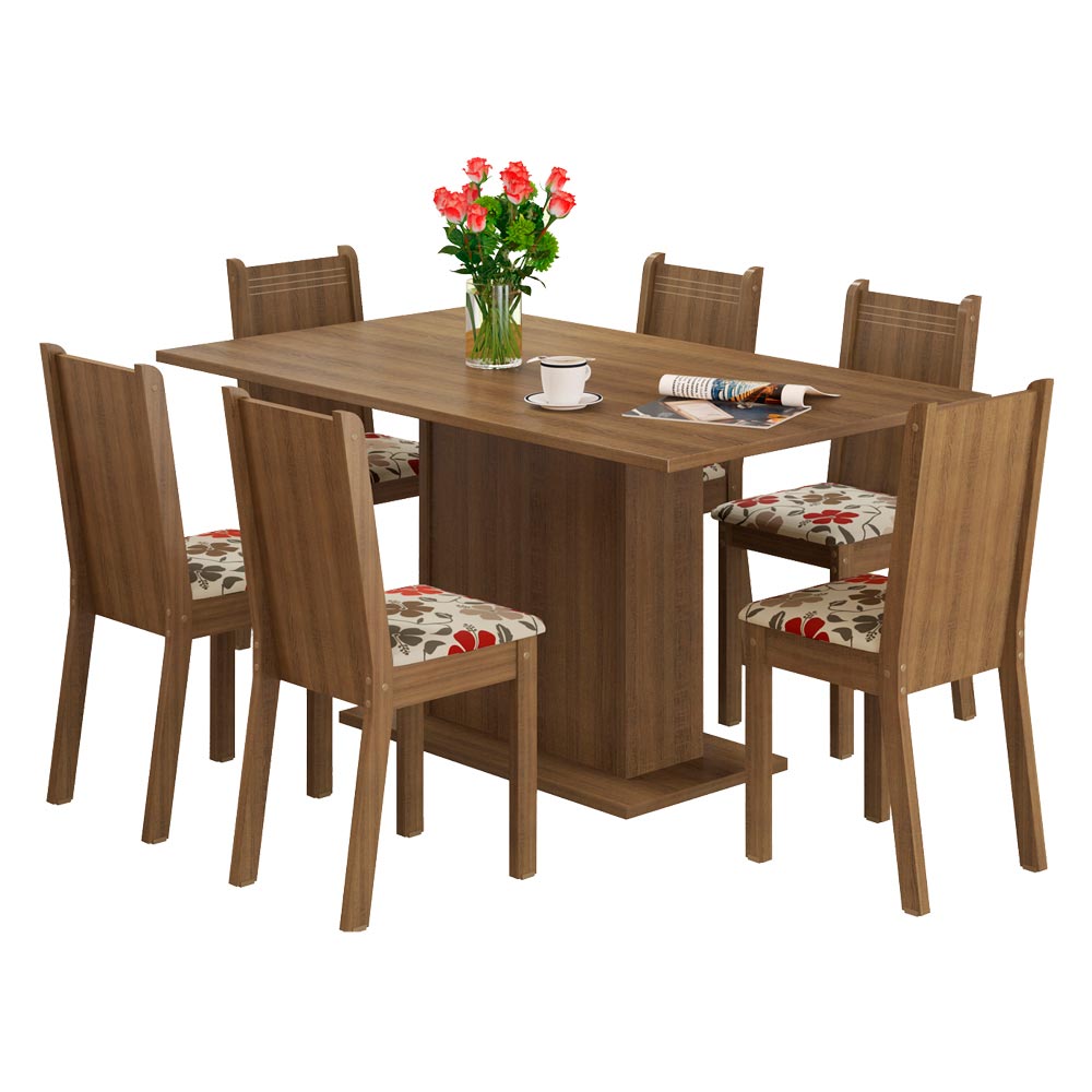 Conjunto Sala de Jantar Madesa Megan Mesa Tampo de Madeira com 6 Cadeiras Rustic/Floral Hibiscos