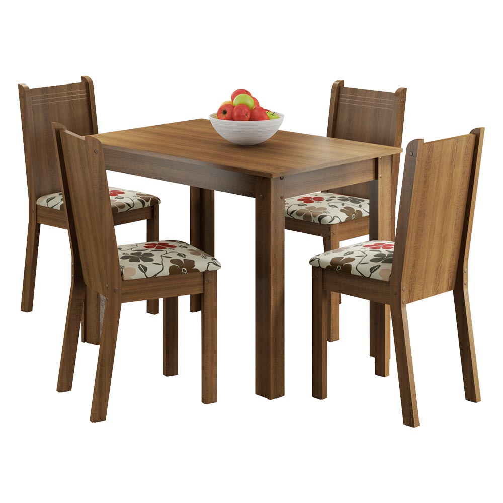 Conjunto Sala de Jantar Madesa Rute Mesa Tampo de Madeira com 4 Cadeiras Rustic/Floral Hibiscos