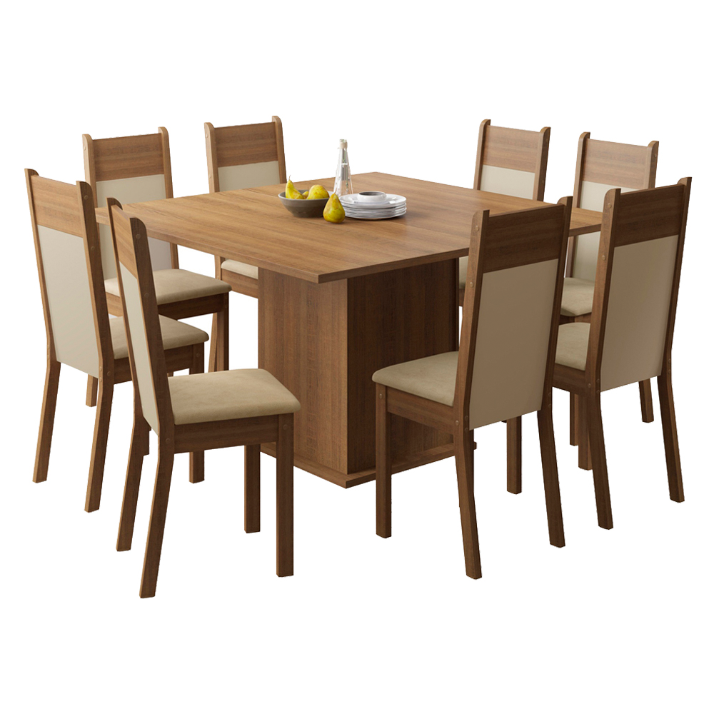 Conjunto Sala de Jantar Madesa Panamá Mesa Tampo de Madeira com 8 Cadeiras Rustic/Crema/Sintético Bege