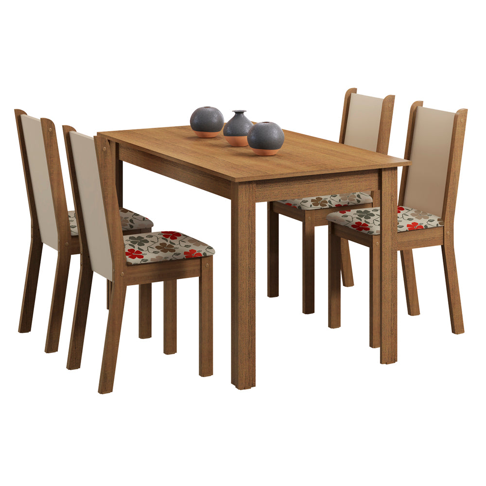 Conjunto Sala de Jantar Madesa Bea Mesa Tampo de Madeira com 4 Cadeiras Rustic/Crema/Floral Hibiscos
