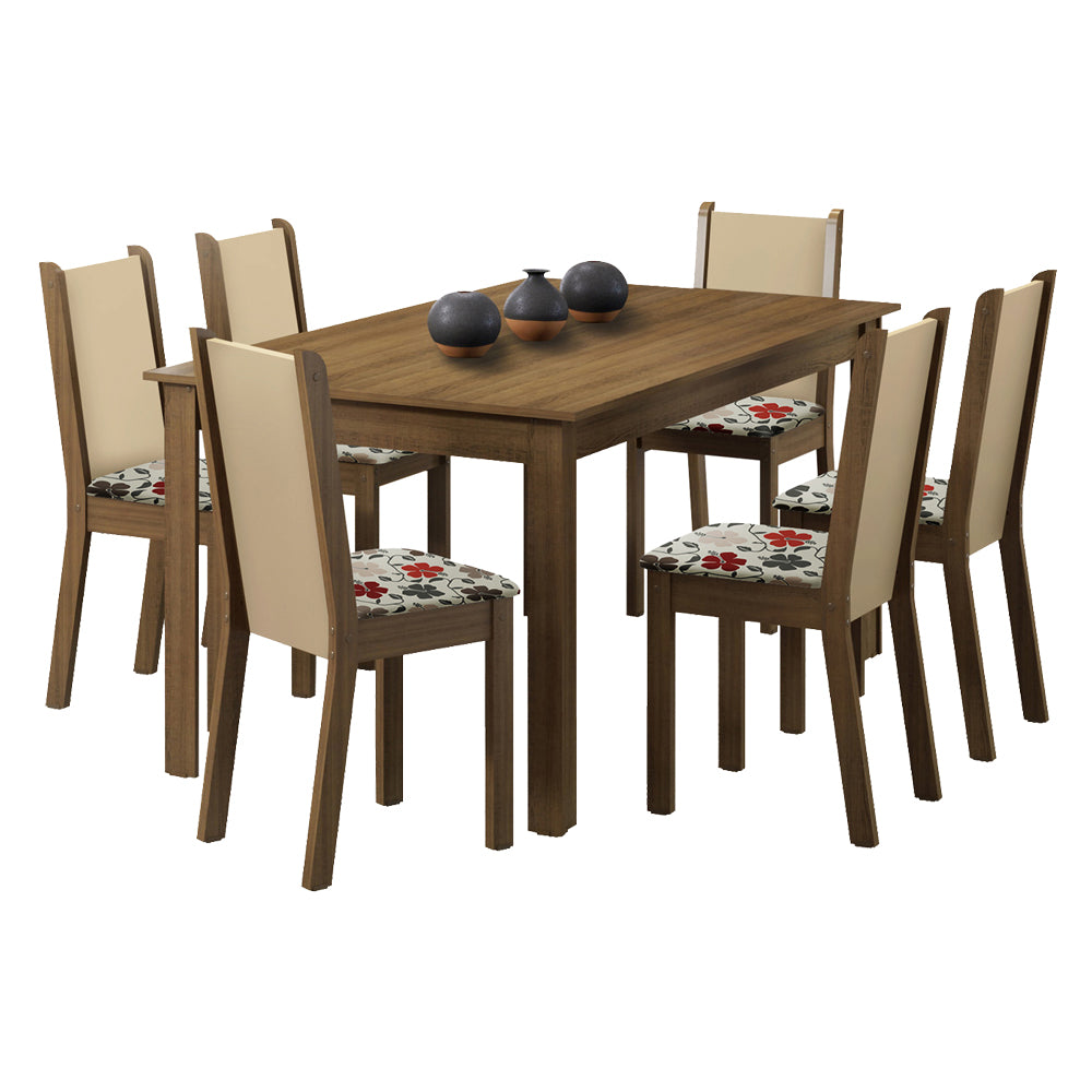 Conjunto Sala de Jantar Madesa Miriam Mesa Tampo de Madeira com 6 Cadeiras Rustic/Crema/Floral Hibiscos