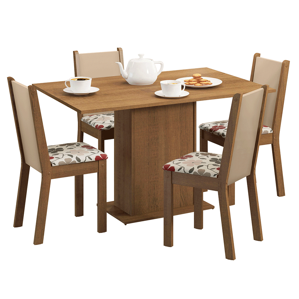 Conjunto Sala de Jantar Madesa Talita Mesa Tampo de Madeira com 4 Cadeiras Rustic/Crema/Floral Hibiscos