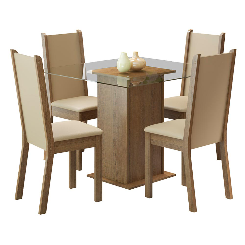 Conjunto Sala de Jantar Mesa Tampo de Vidro com 4 Cadeiras Rustic/Crema/Sintético Bege Aline Madesa
