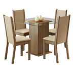 Conjunto Sala de Jantar Mesa Tampo de Vidro com 4 Cadeiras Rustic/Crema/Sintético Bege Aline Madesa