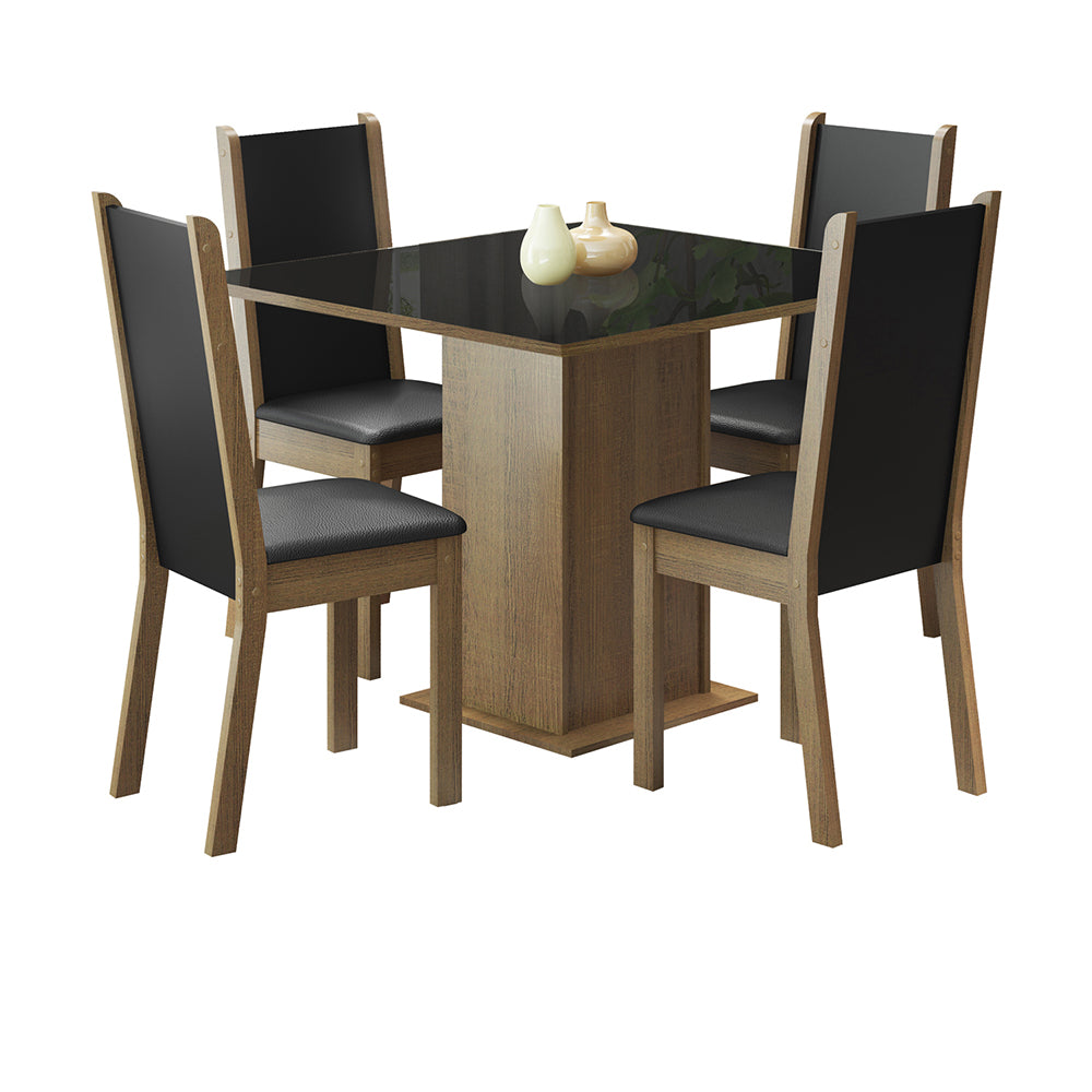 Conjunto Sala de Jantar Moscou Plus Madesa Mesa Tampo de Vidro com 4 Cadeiras Rustic/Preto