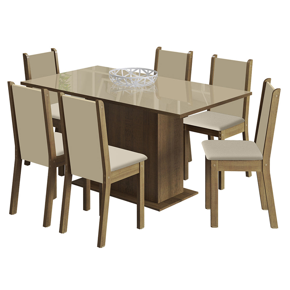 Conjunto Sala de Jantar Moscou Plus Madesa Mesa Tampo de Vidro com 6 Cadeiras Rustic/Crema/Sintético Bege