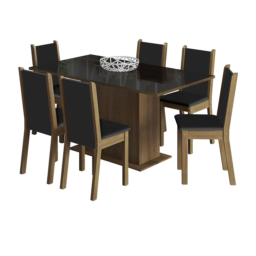 Conjunto Sala de Jantar Moscou Plus Madesa Mesa Tampo de Vidro com 6 Cadeiras Rustic/Preto