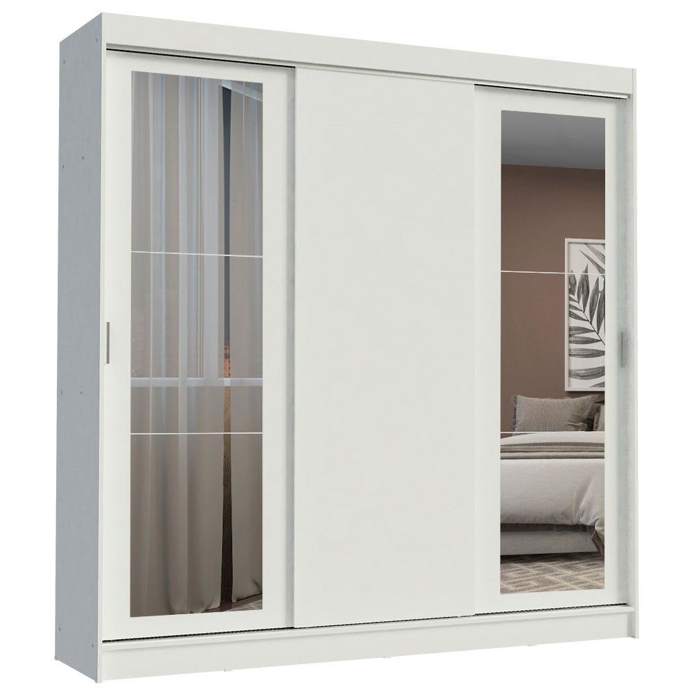 Guarda-Roupa Casal Madesa Kansas 3 Portas de Correr com Espelhos 3 Gavetas Branco