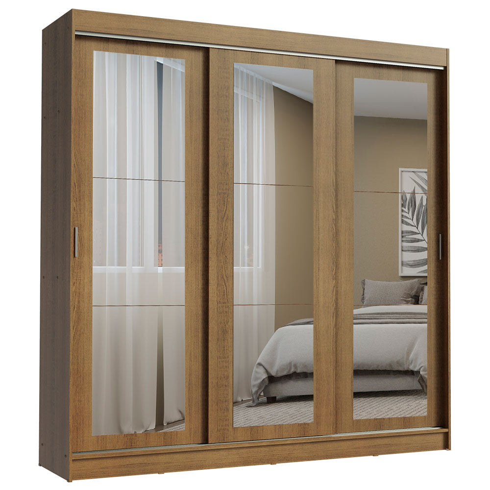 Guarda-Roupa Casal Madesa Kansas 3 Portas de Correr de Espelho 3 Gavetas Rustic