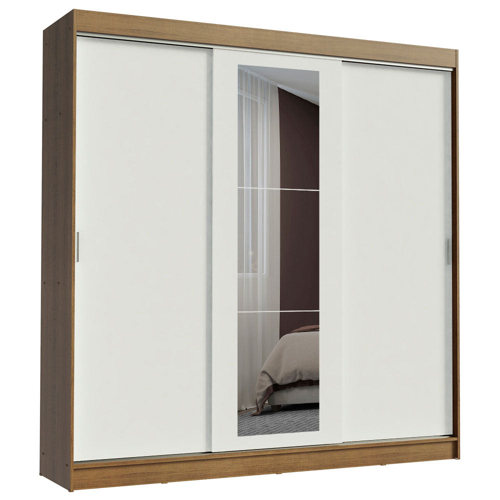 Guarda-Roupa Casal Madesa Kansas 3 Portas de Correr com Espelho 3 Gavetas Rustic/Branco