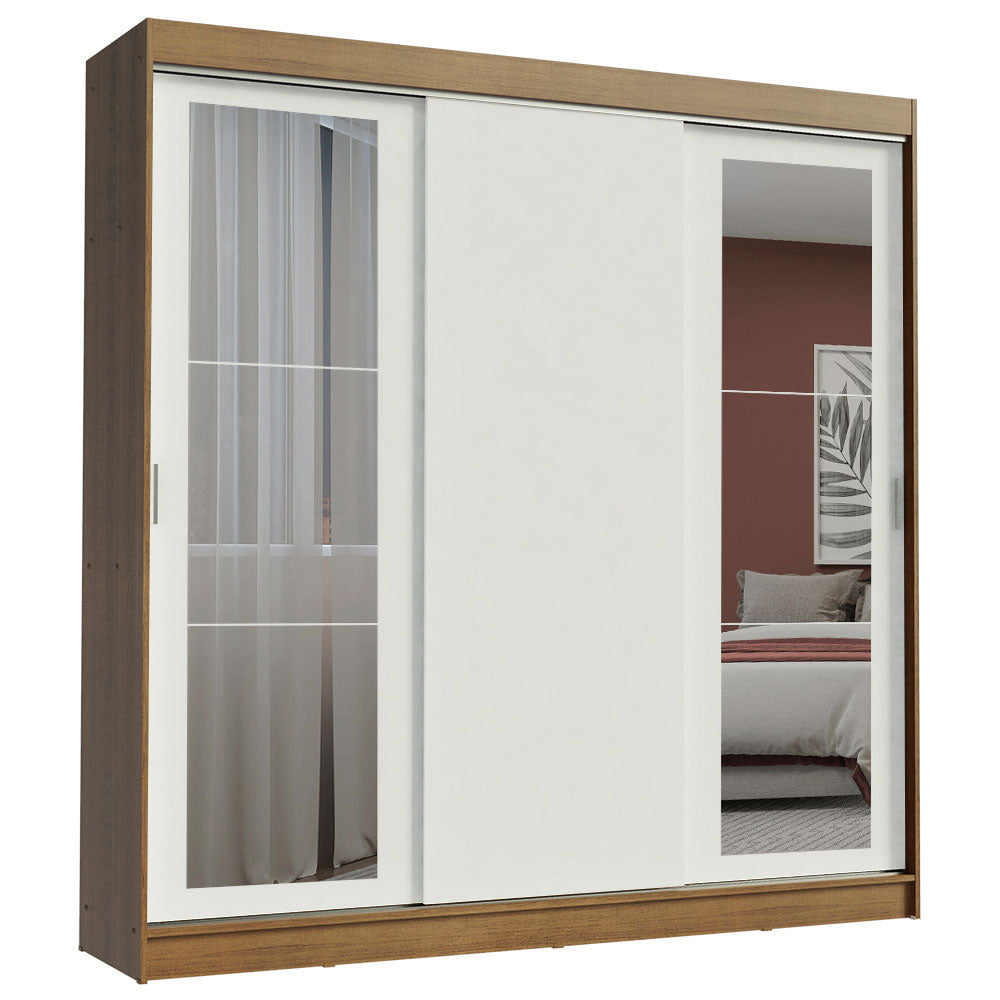 Guarda-Roupa Casal Madesa Kansas 3 Portas de Correr com Espelhos 3 Gavetas Rustic/Branco