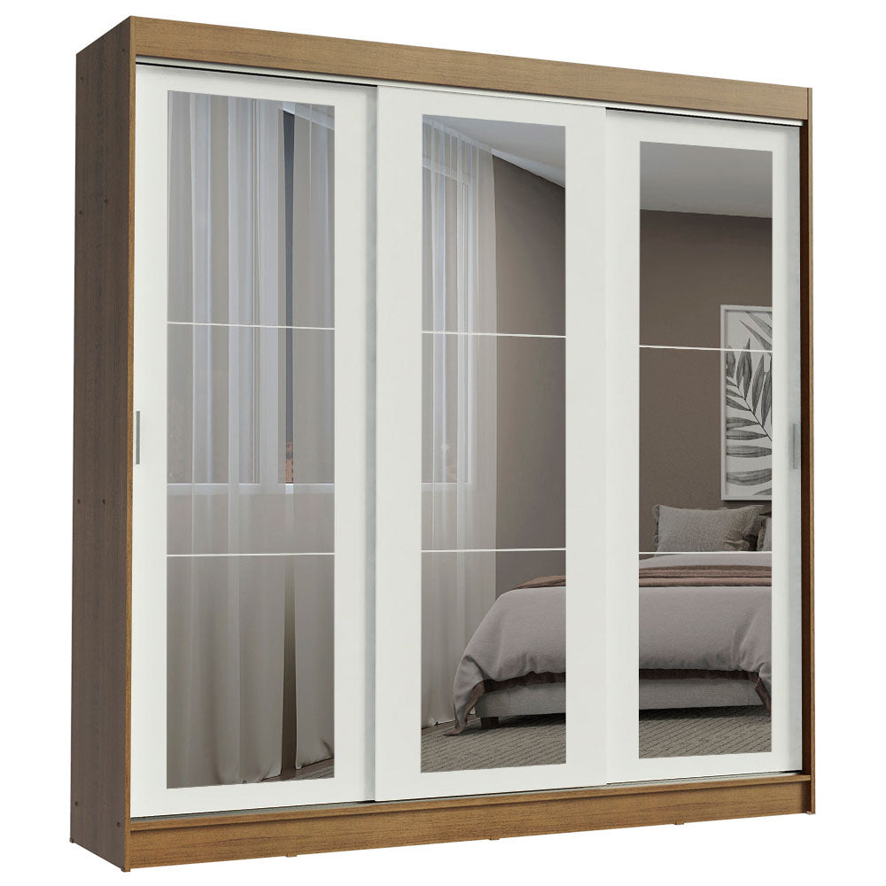 Guarda-Roupa Casal Madesa Kansas 3 Portas de Correr de Espelho 3 Gavetas Rustic/Branco