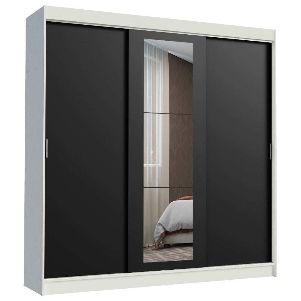 Guarda-Roupa Casal Madesa Kansas 3 Portas de Correr com Espelho 3 Gavetas Branco/Preto