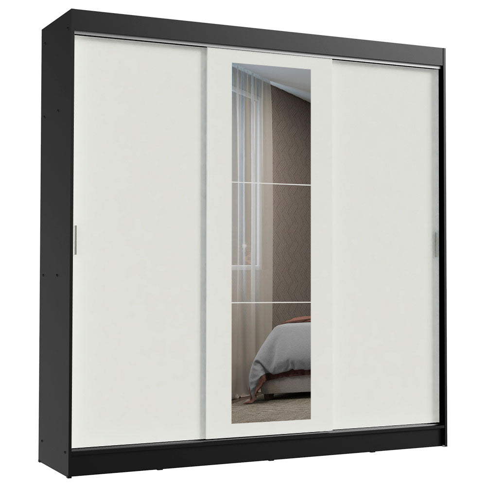 Guarda-Roupa Casal Madesa Kansas 3 Portas de Correr com Espelho 3 Gavetas Preto/Branco