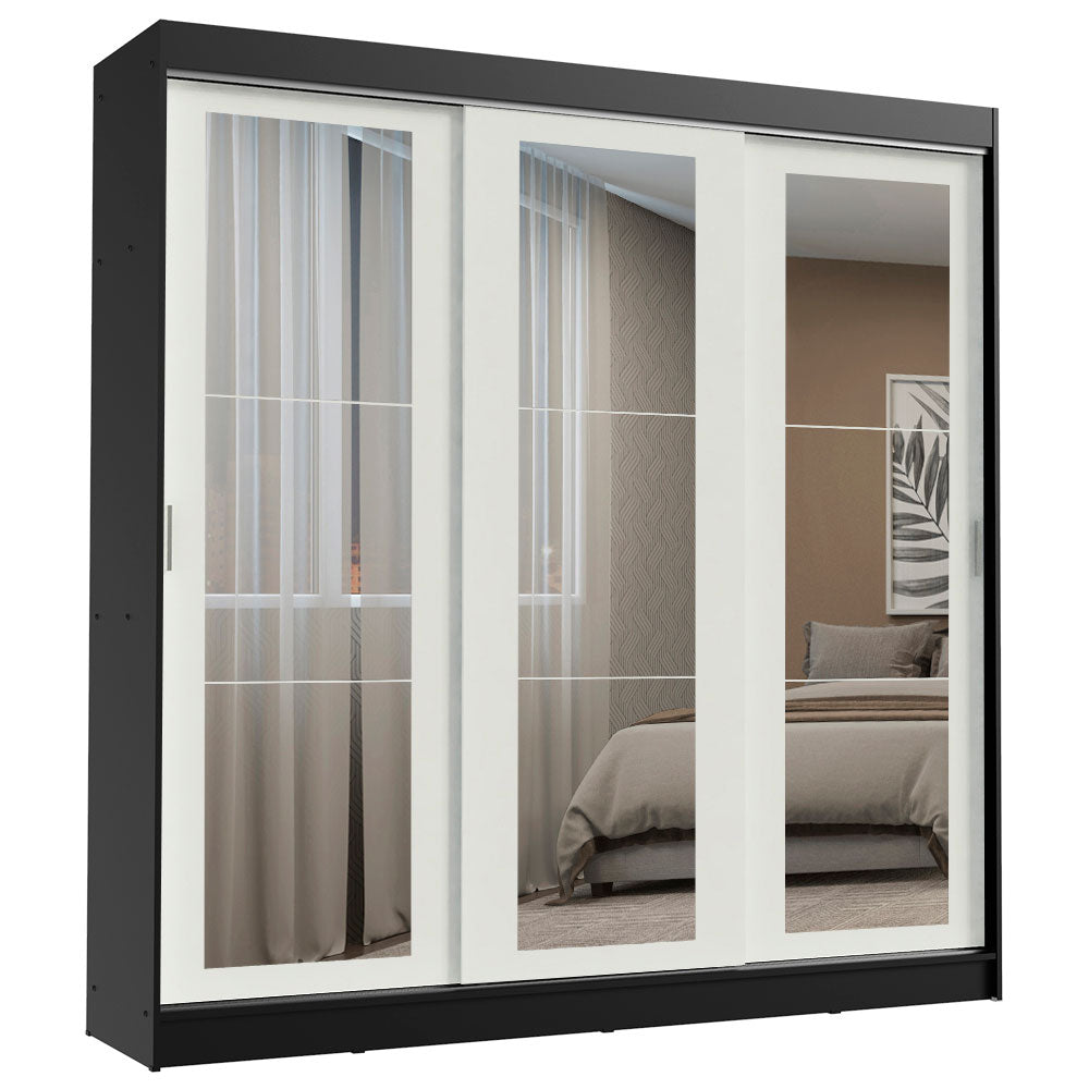 Guarda-Roupa Casal Madesa Kansas 3 Portas de Correr de Espelho 3 Gavetas Preto/Branco