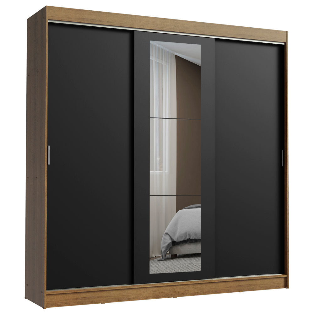 Guarda-Roupa Casal Madesa Kansas 3 Portas de Correr com Espelho 3 Gavetas Rustic/Preto