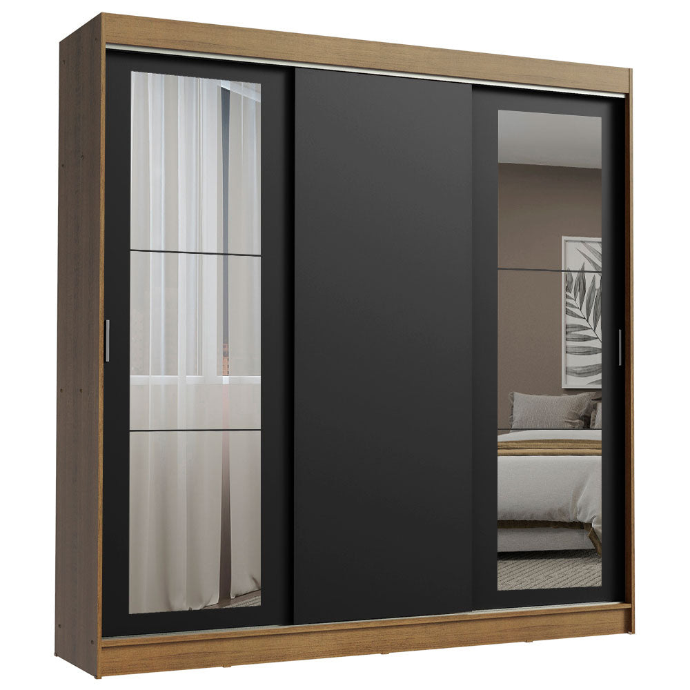 Guarda-Roupa Casal Madesa Kansas 3 Portas de Correr com Espelhos 3 Gavetas Rustic/Preto